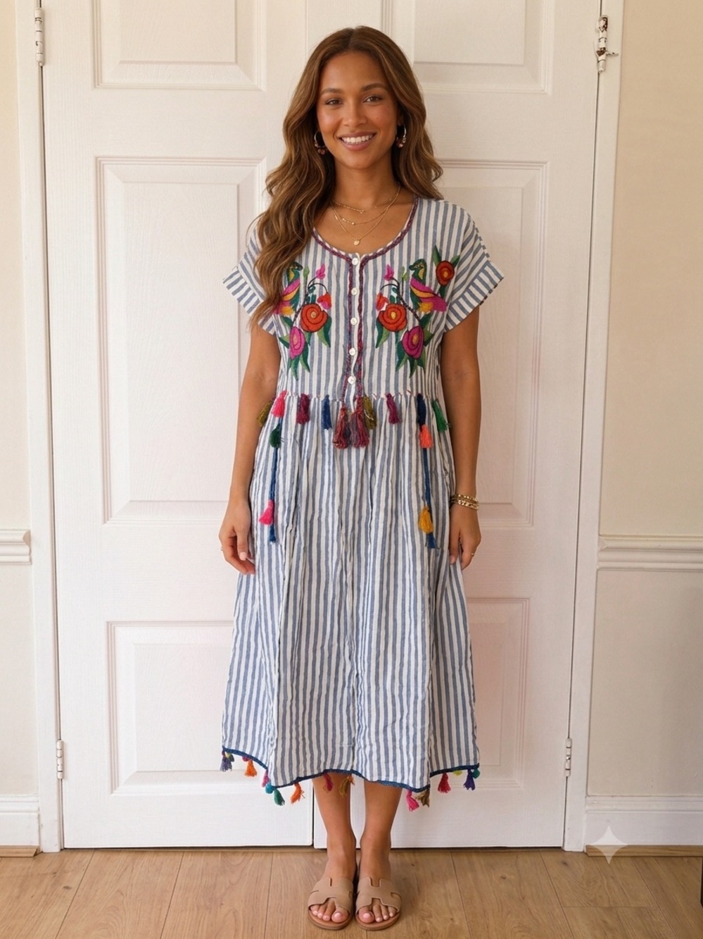 Style & Co. Blue and White Striped Embroidered Tassel Dress